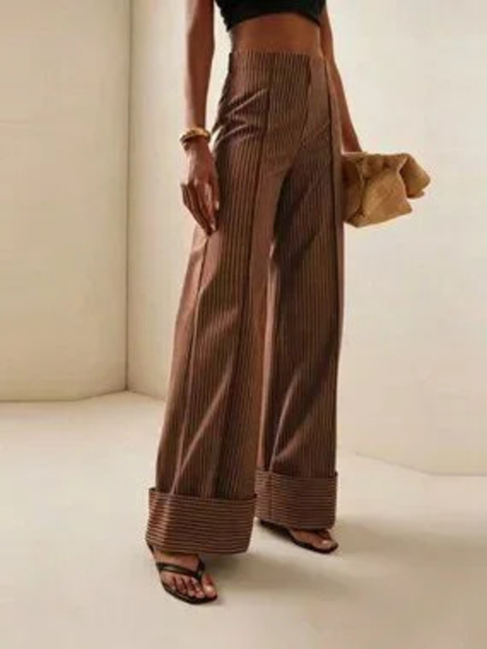 Brown Elegant Women's Striped High Waist Straight Loose Versatile Pants